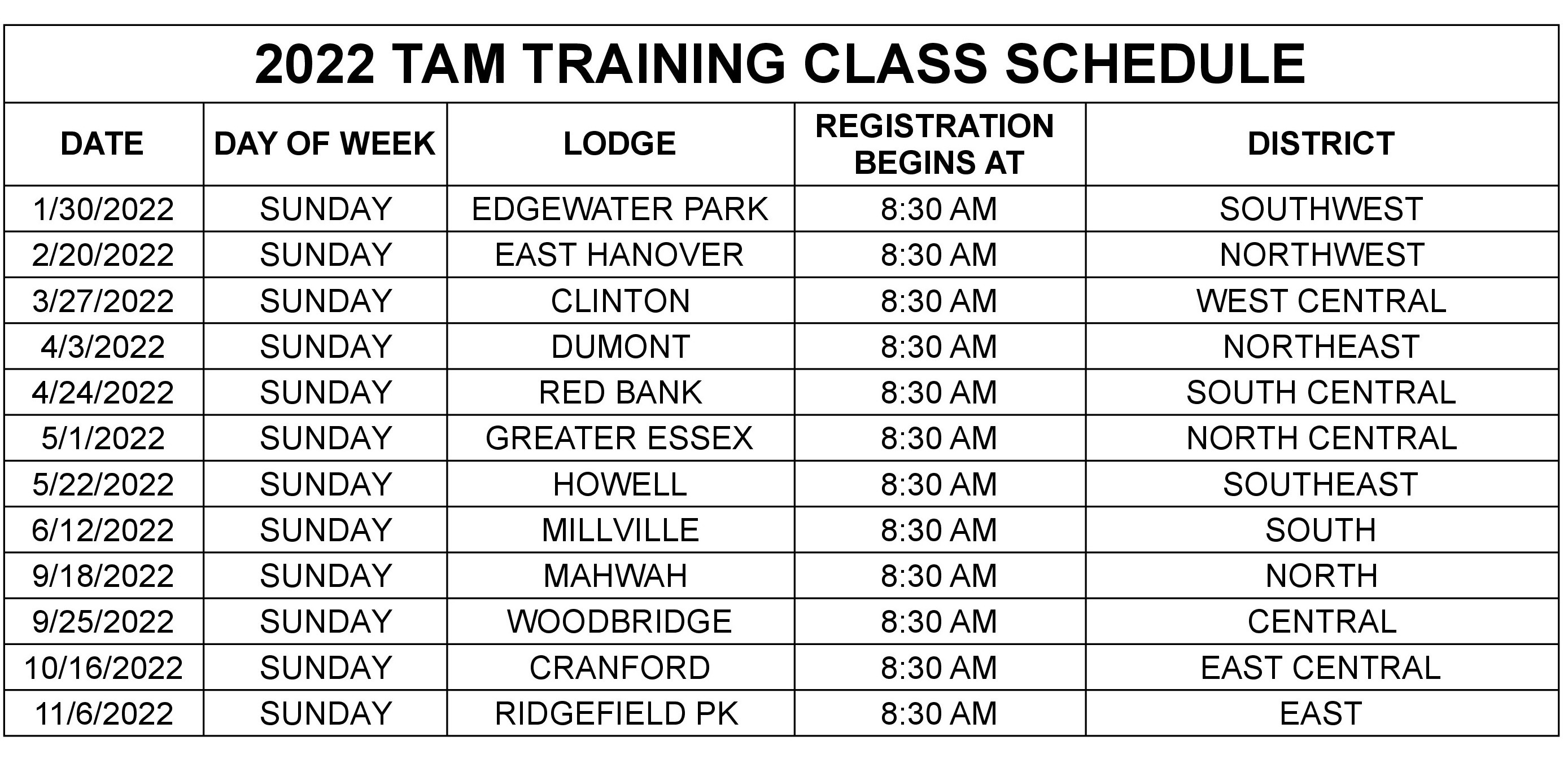 2022 TAM CLASS TRAINING SCHEDULE page 0 Resized