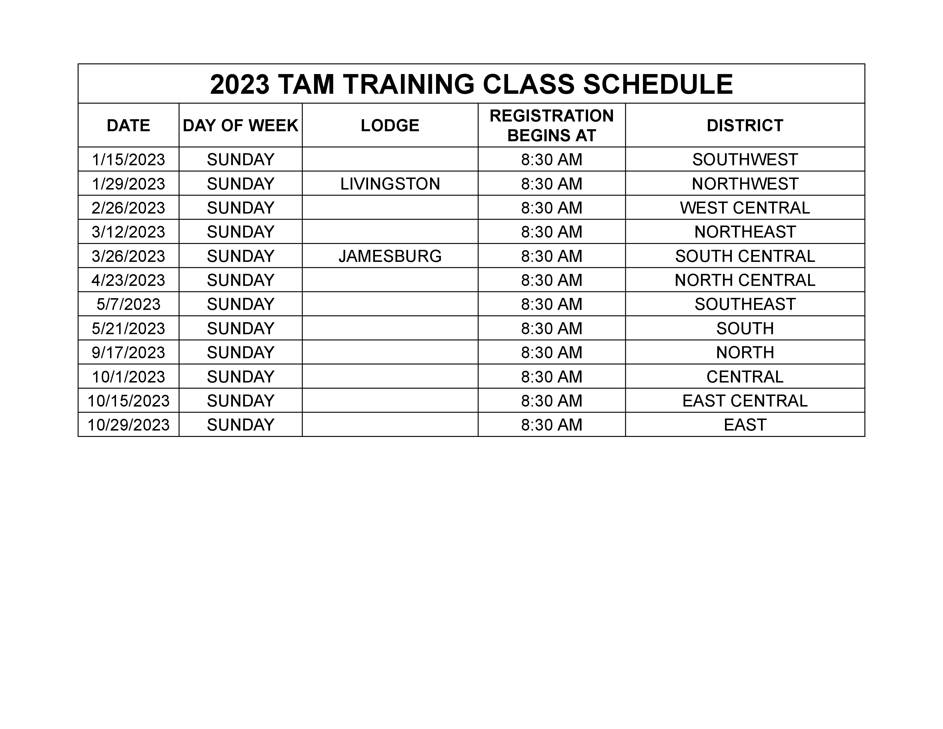 2023 TAM CLASS TRAINING SCHEDULE page 0